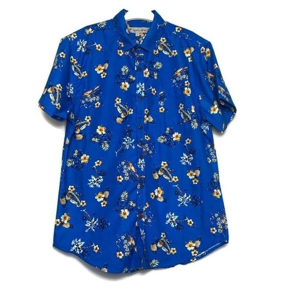 Maui Maui Hawaiian Shirt Blue Hibiscus Drum Lei - Picture 1 of 7